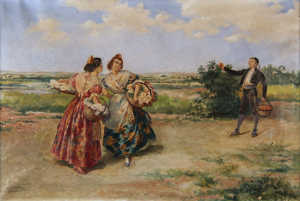 ZAPATER RODRIGUEZ, Juan José 'ESCENA CON FLORISTAS. FONDO DE PAISAJE'