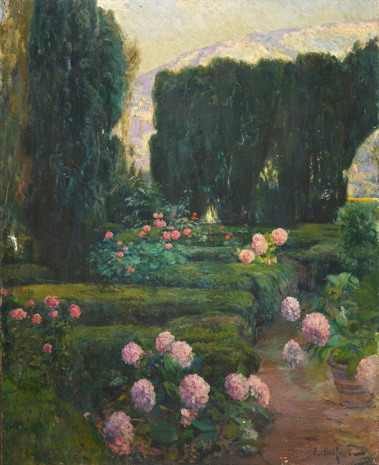 MEIFREN Y ROIG, Eliseo 'JARDIN CON CIPRESES, HORTENSIAS Y ROSAS'