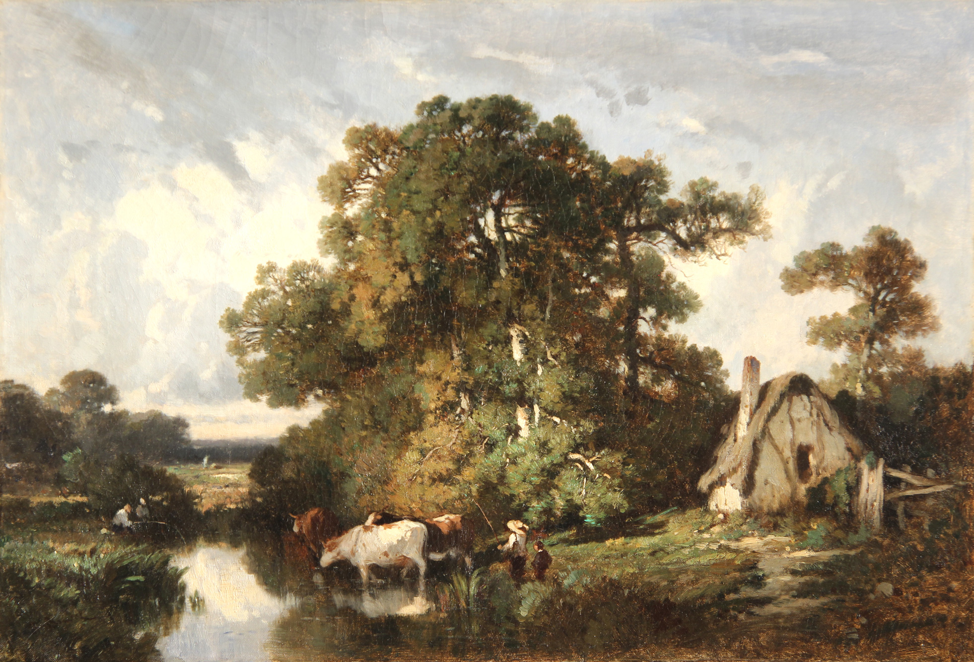 BRISSOT DE WARVILLE, Félix S. 'PAYSAGE, PECHEURS ET VACHES AU BORD D'UNE RIVIERE'