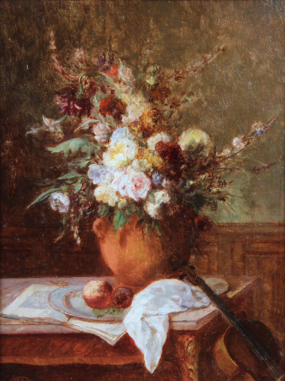 COUDER, Alexandre Jean 'VASO CON FLORES, FRUTOS E INSTRUMENTO'