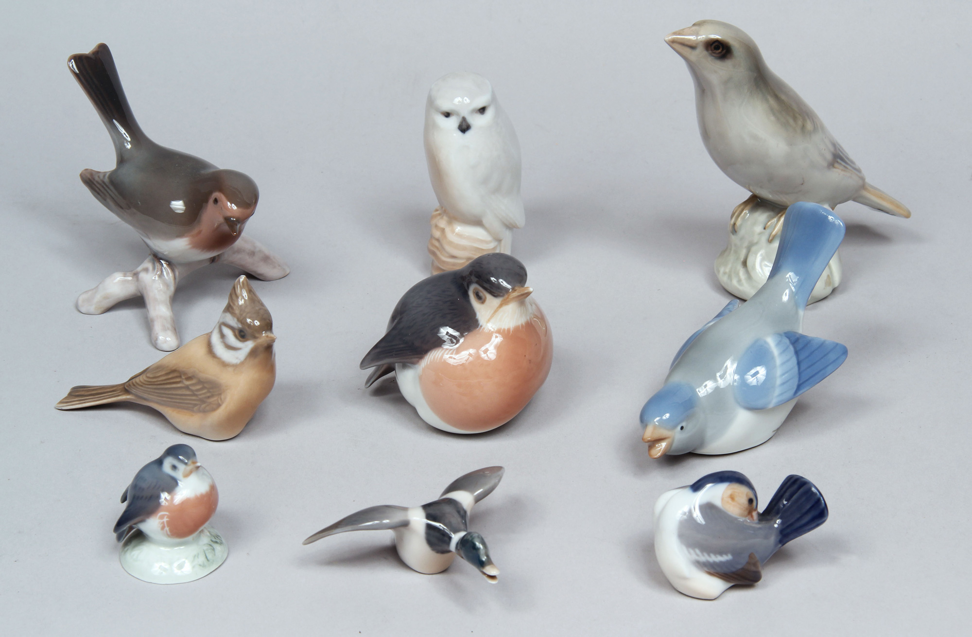  NUEVE AVES DE PORCELANA DINAMARQUESA ESMALTADA. 