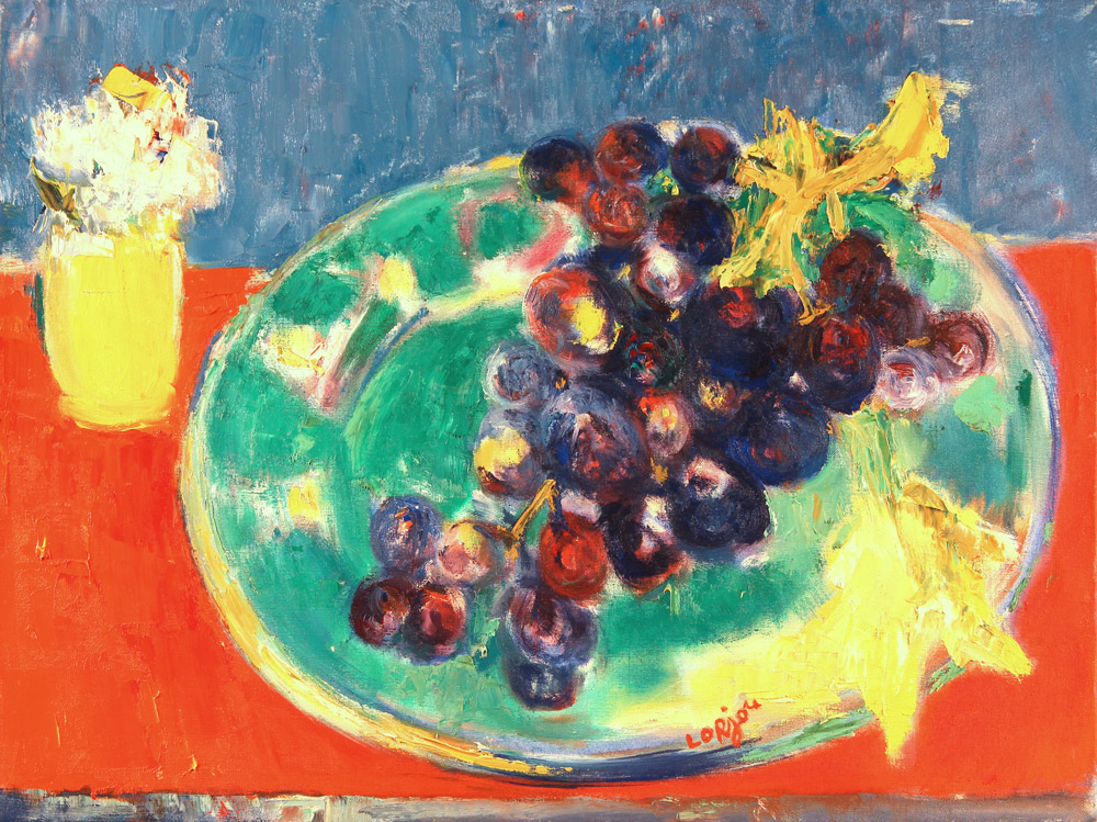 LORJOU, Bernard 'PLATO CON FRUTAS Y JARRA CON FLORES'