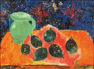 Lote 31: LORJOU, Bernard 'JARRA VERDE Y FRUTAS SOBRE UNA MESA'
