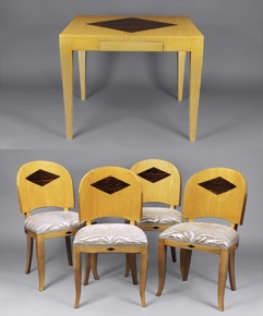 Lote 214: MESA DE JUEGO Y CUATRO SILLAS PARA JUEGO ESTILO ART DECO.  MESA DE JUEGO Y CUATRO SILLAS PARA JUEGO ESTILO ART DECO. 