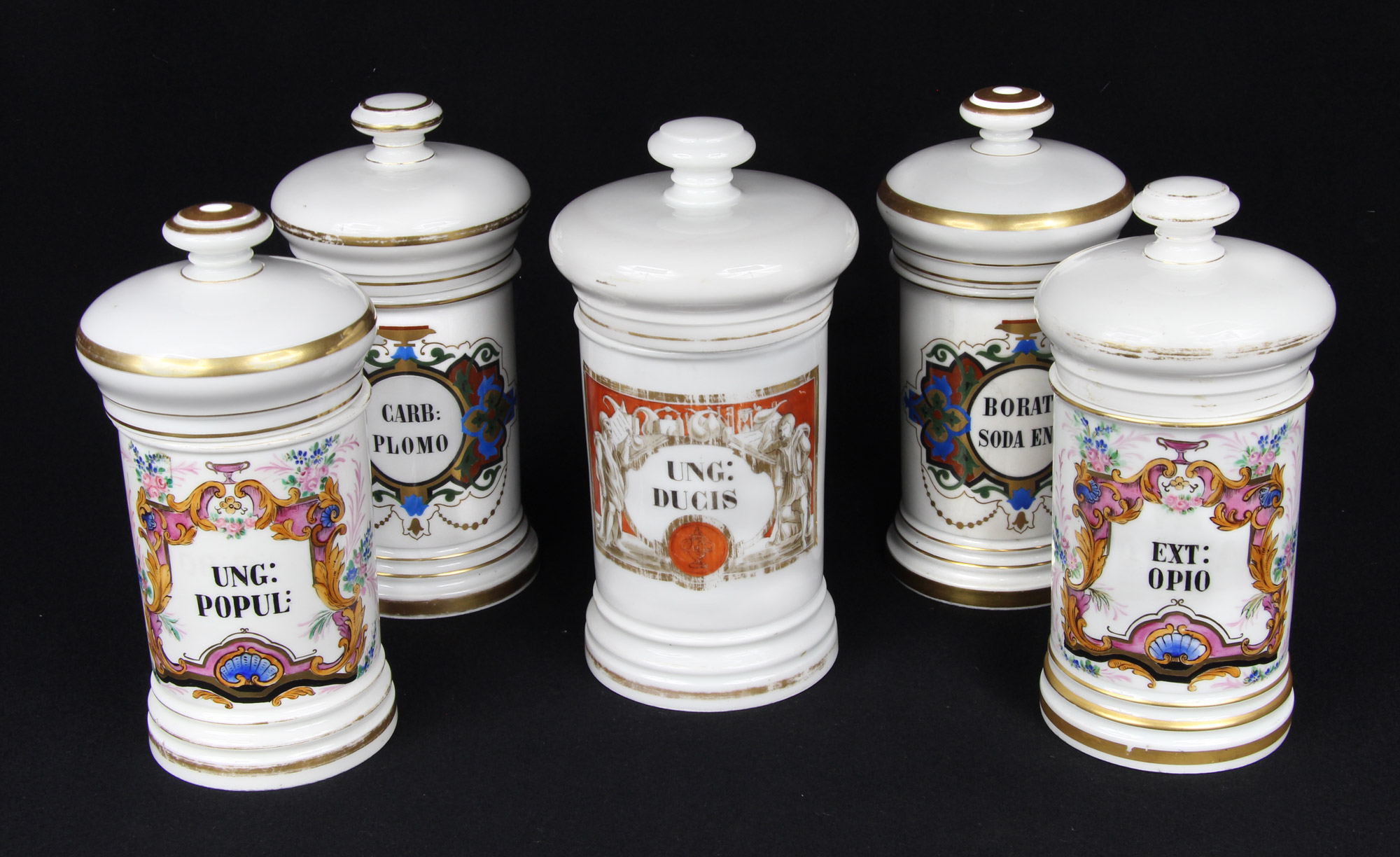  CINCO FRASCOS DE PORCELANA ITALIANA PARA FARMACIA CON TAPA.