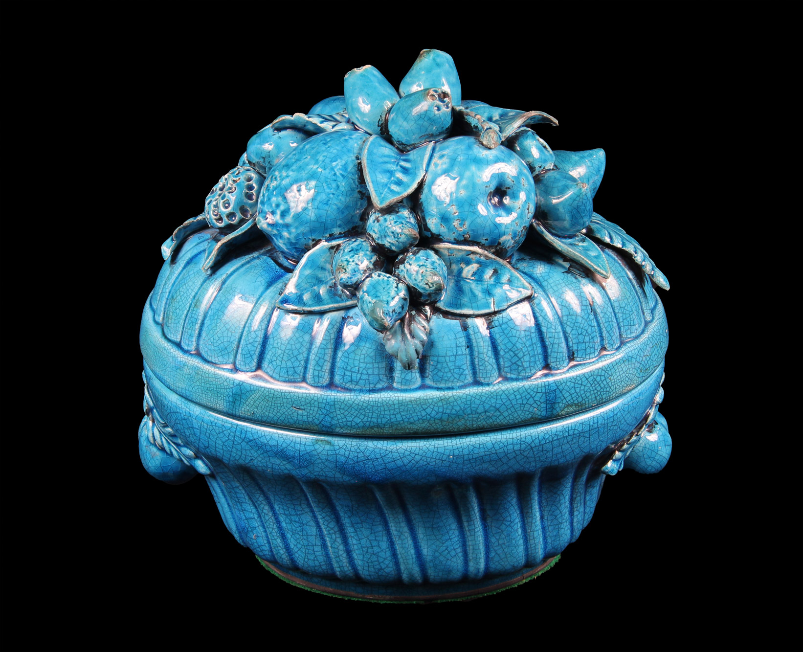  CENTRO OVAL DE CERAMICA AZUL CON TAPA.