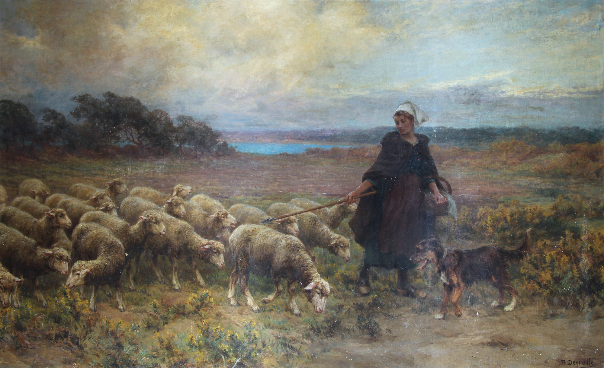 DEYROLLE, Theophile Louis 'PASTORA CON PERRO Y OVEJAS' 