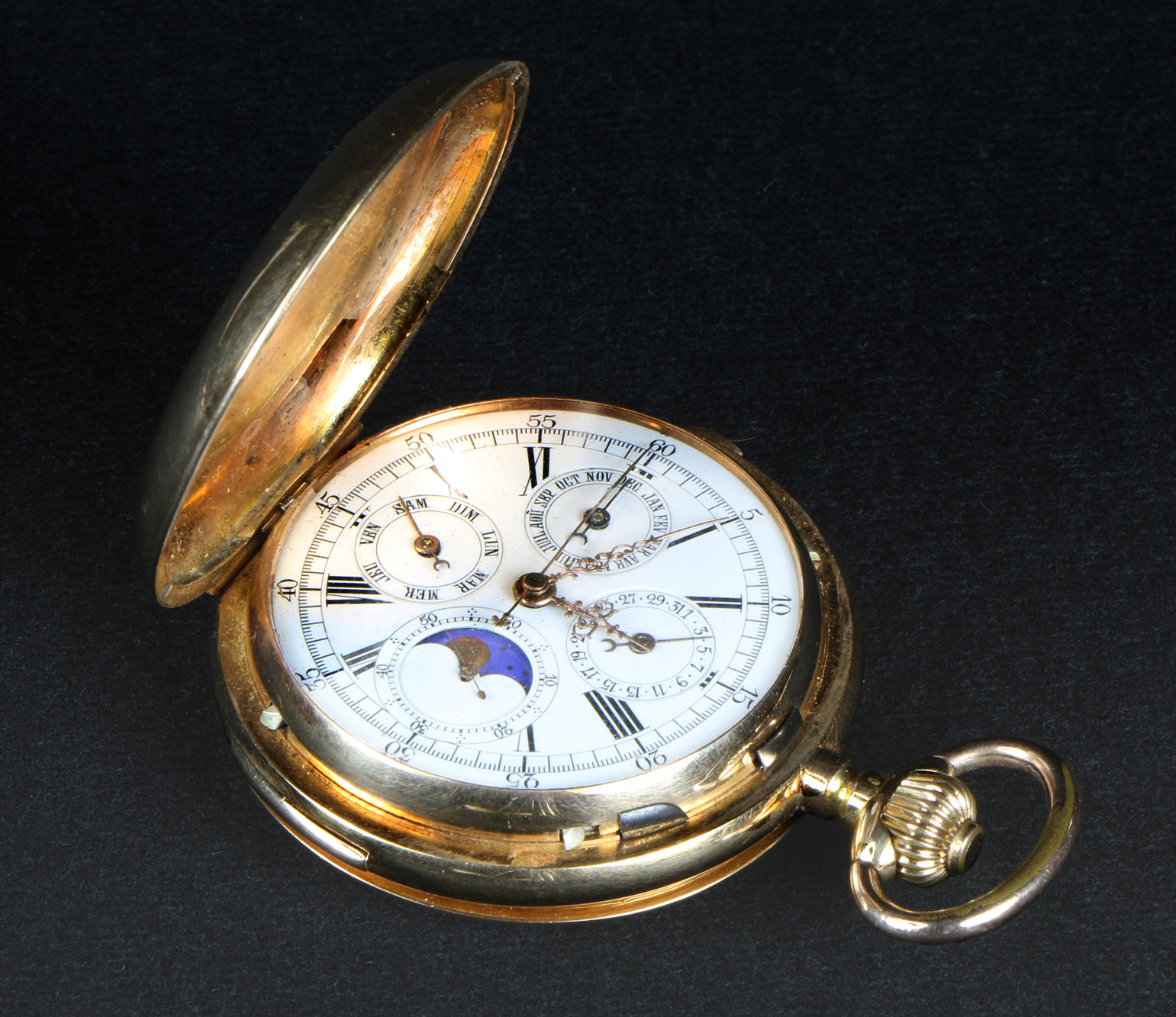 ANTIGUO RELOJ DE ORO DE BOLSILLO CON FASE LUNAR.