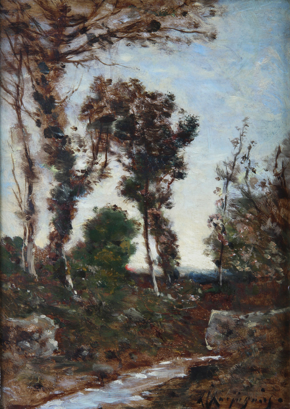 HARPIGNIES, Henri Joseph 'VIEUX ARBRES SUR UNE RIVE ROCHEUSE'