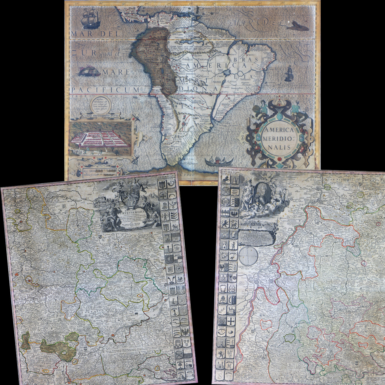  TRES ANTIGUOS GRABADOS DE MAPAS EN COLORES. 