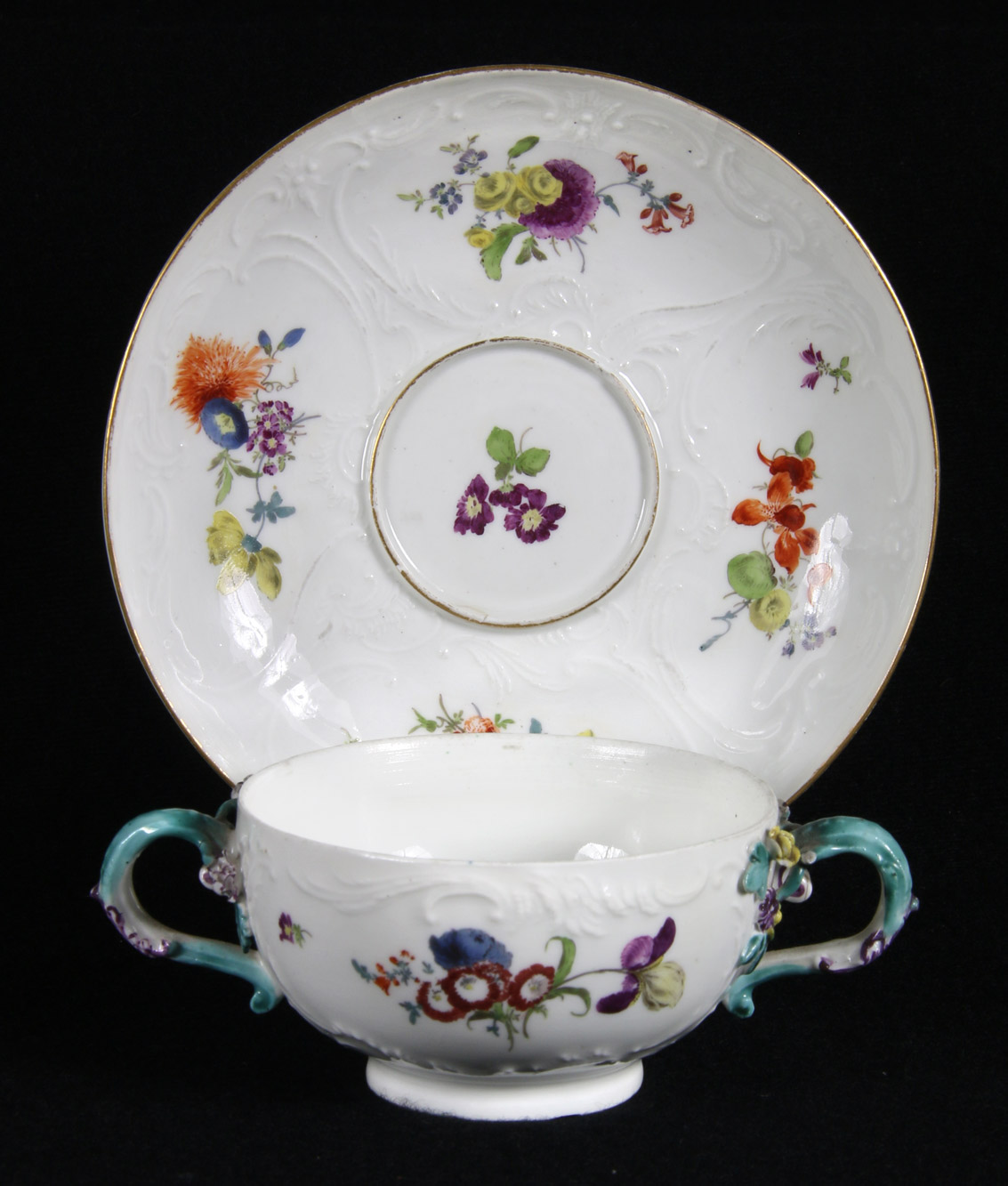  ANTIGUA TAZA Y PLATO DE PORCELANA ALEMANA DE MEISSEN.  