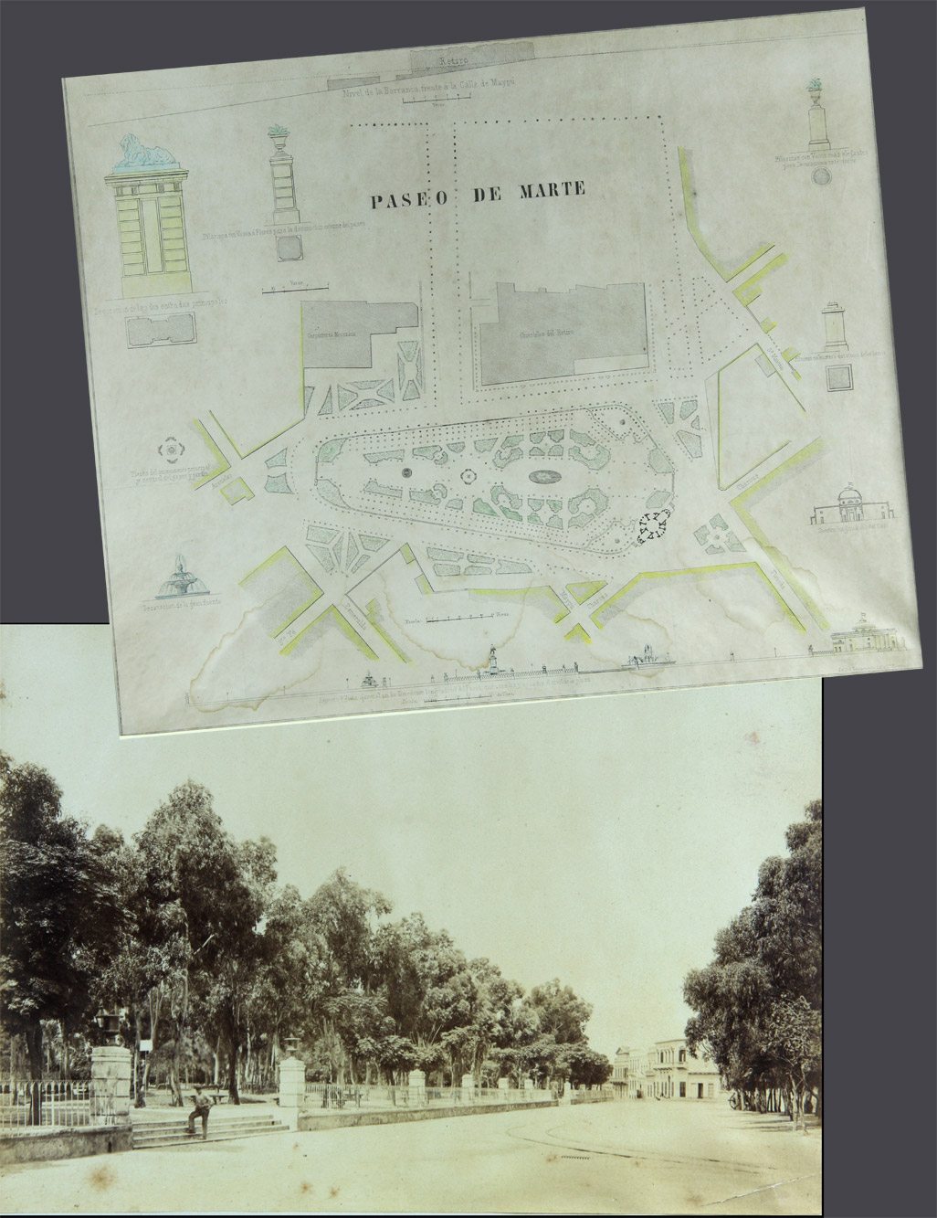  LITOGRAFIA Y DOS ANTIGUAS FOTOGRAFIAS DE LA PLAZA SAN MARTIN