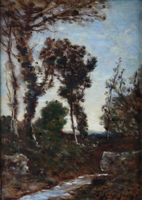 Lote 12: HARPIGNIES, Henri Joseph 'VIEUX ARBRES SUR UNE RIVE ROCHEUSE'