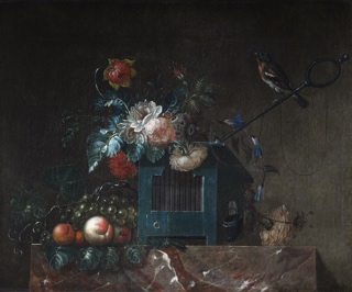 Lote 31: ANONIMO 'FLORES , FRUTOS Y PEQUEÑA AVE FUERA DE SU JAULA'